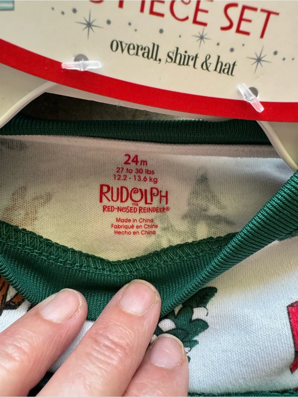 Rudolph the Red-nosed  Reindeer Quilted Green Overalls w/Matching Tee & Hat, 24M